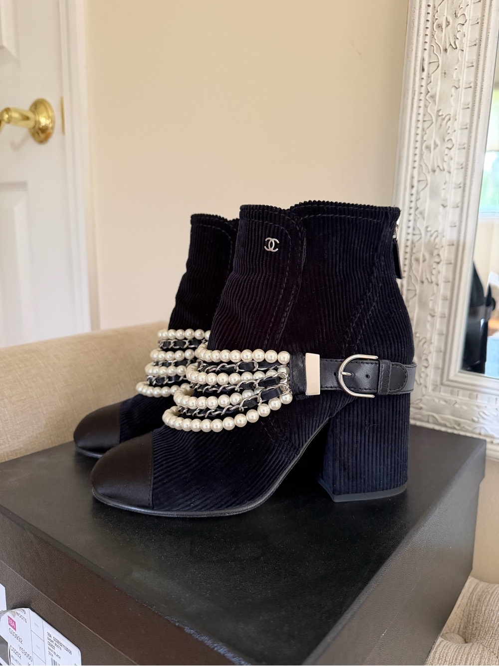 CHANEL Black Corduroy Pearl-Strap Ankle Boots